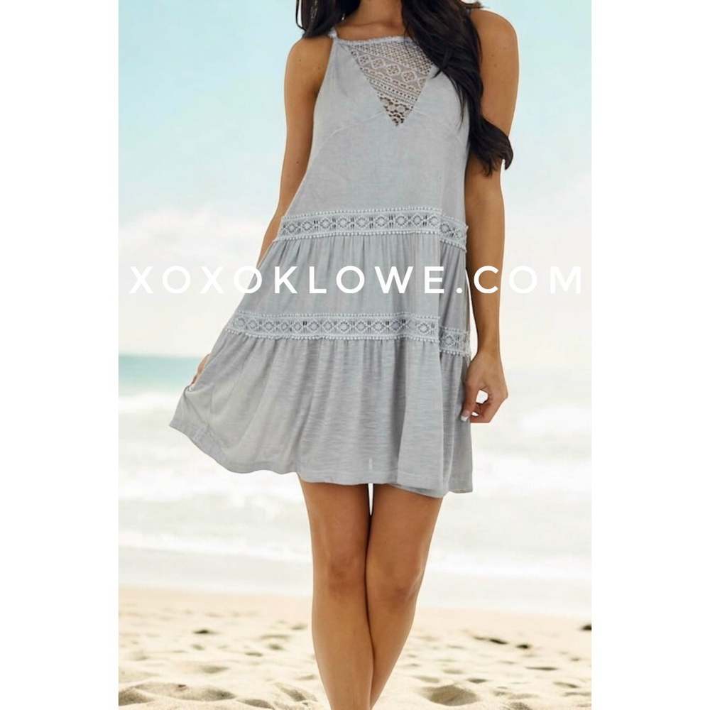 POL Gray Lace Trimmed Spaghetti Strap Mini Dress